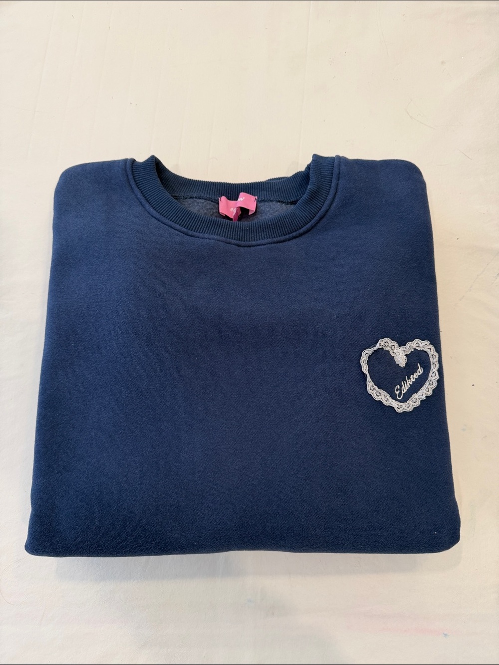 EDIKTED women’s Navy Heart Crewneck Sweatshirt with lace heart. Size M - Picture 4 of 5